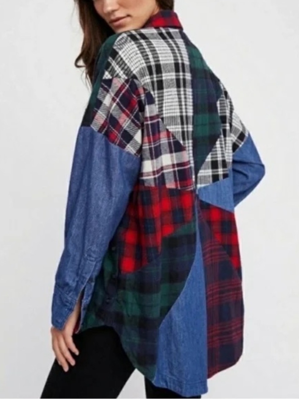 Free People Rainbow Rays Plaid Button-Down Shirt Size Large Red Blue Patchwork